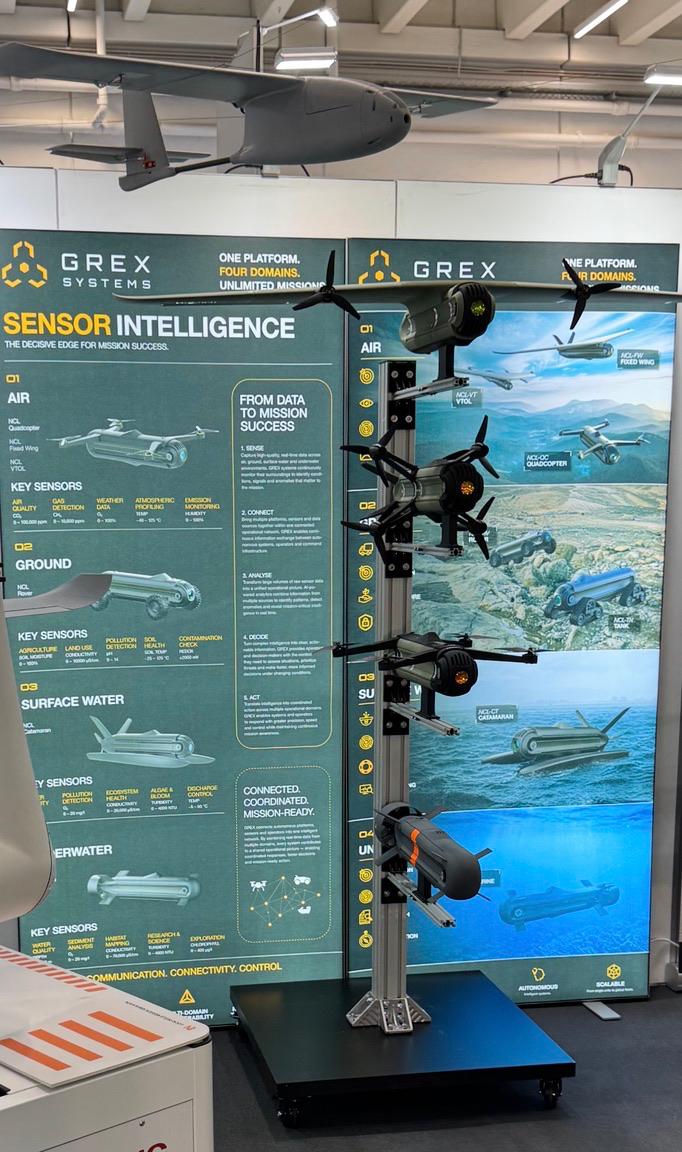 GREX-Stand auf der EUDEX 2026: Ständer mit vier Drohnen vor den Wänden zu Sensor Intelligence und den vier Domänen